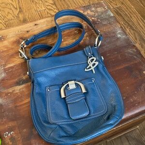 B Makowsky Dark Teal Blue Pebbled Leather Silver Hardware Crossbody Handbag